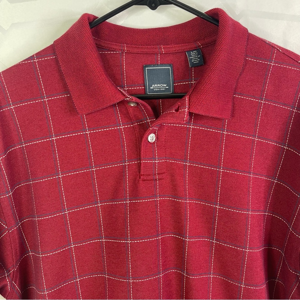 Arrow Men’s Red Windowpane Plaid Short Sleeve Polo Shirt Large